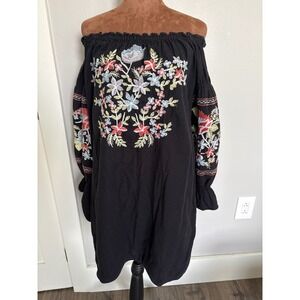 Free People Fleur Du Jour Black Floral Embroidered Off Shoulder  Dress Medium